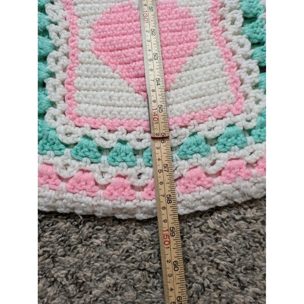 Handmade Crochet Crib Blanket Baby Girls Pink Heart Squares 38x58 Multicolor